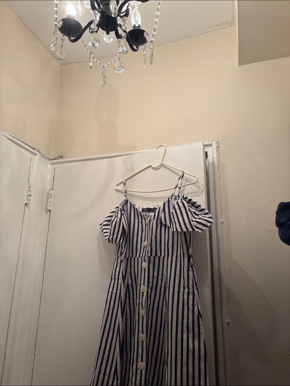 Zara Navy & White Striped Cold-Shoulder Button-Front Dress